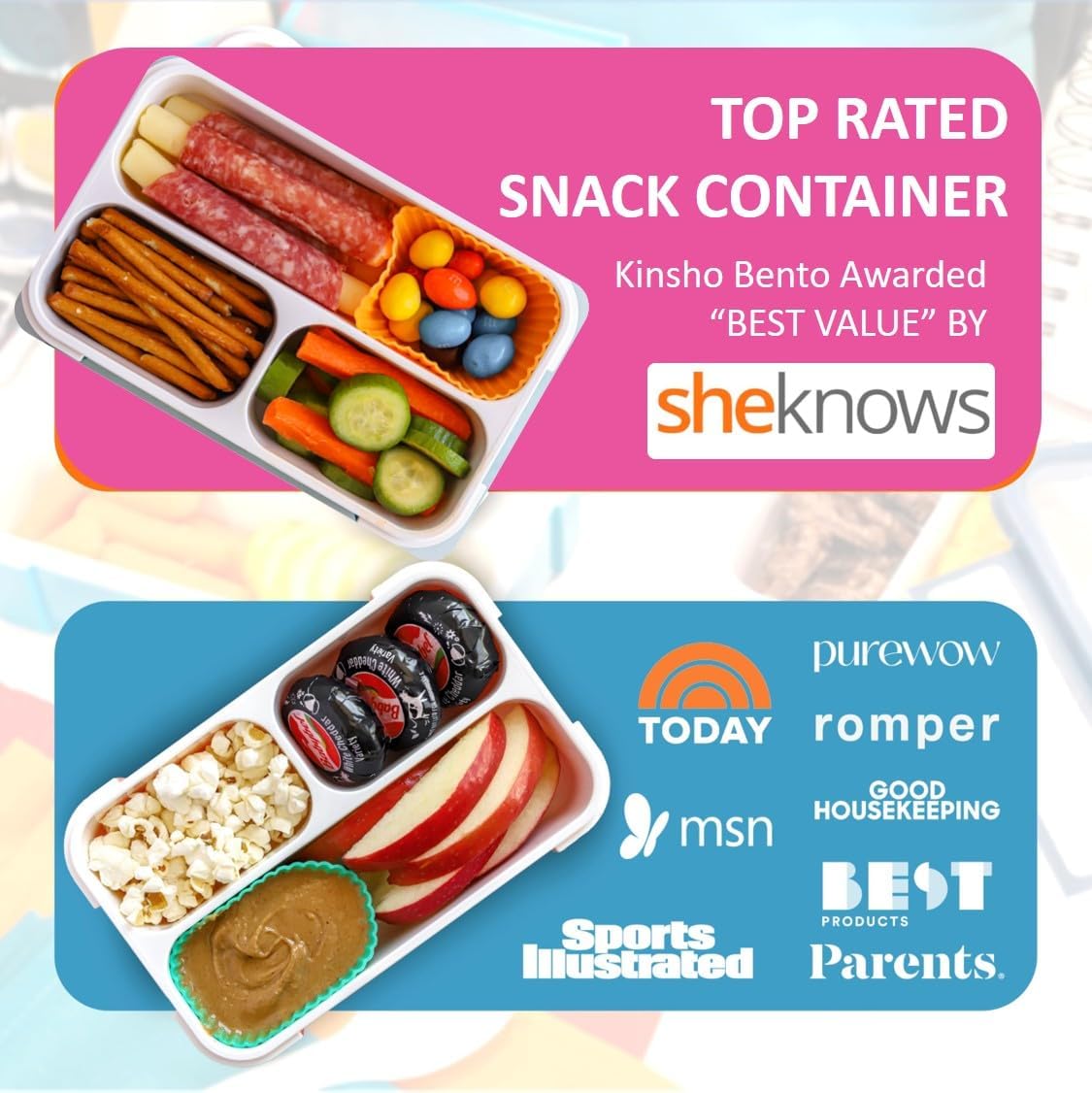 kinsho Small Snack Box Containers for Kids Toddlers, Pink Blue, Set of 2