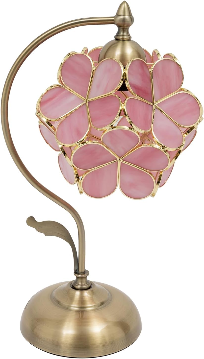 60 W Floral Shape Desk Light,17.3in Cherry Blossom Style Pink Glass Petal Antique Desk Lamp -Tiffany Flower Lampshade, Small Nightstand Lamp for Bedroom Living Room Home Decoration.