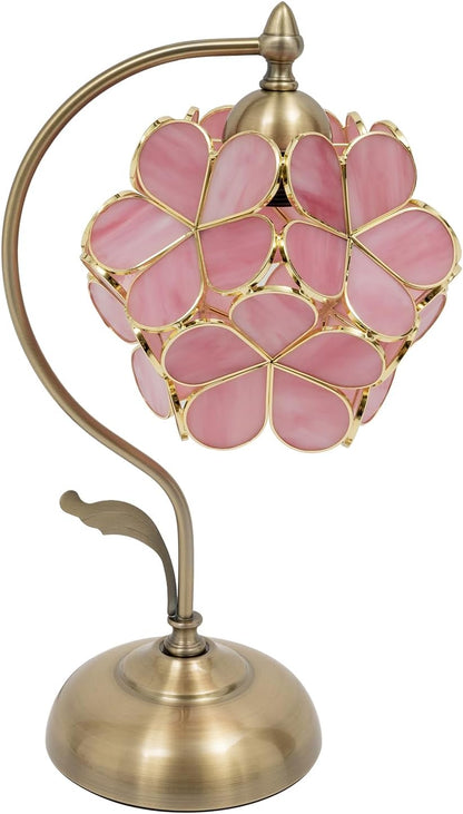 60 W Floral Shape Desk Light,17.3in Cherry Blossom Style Pink Glass Petal Antique Desk Lamp -Tiffany Flower Lampshade, Small Nightstand Lamp for Bedroom Living Room Home Decoration.