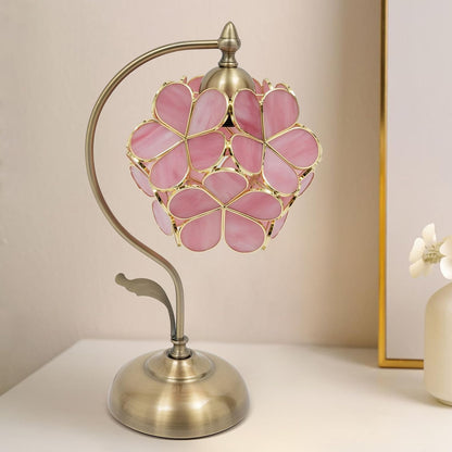 60 W Floral Shape Desk Light,17.3in Cherry Blossom Style Pink Glass Petal Antique Desk Lamp -Tiffany Flower Lampshade, Small Nightstand Lamp for Bedroom Living Room Home Decoration.