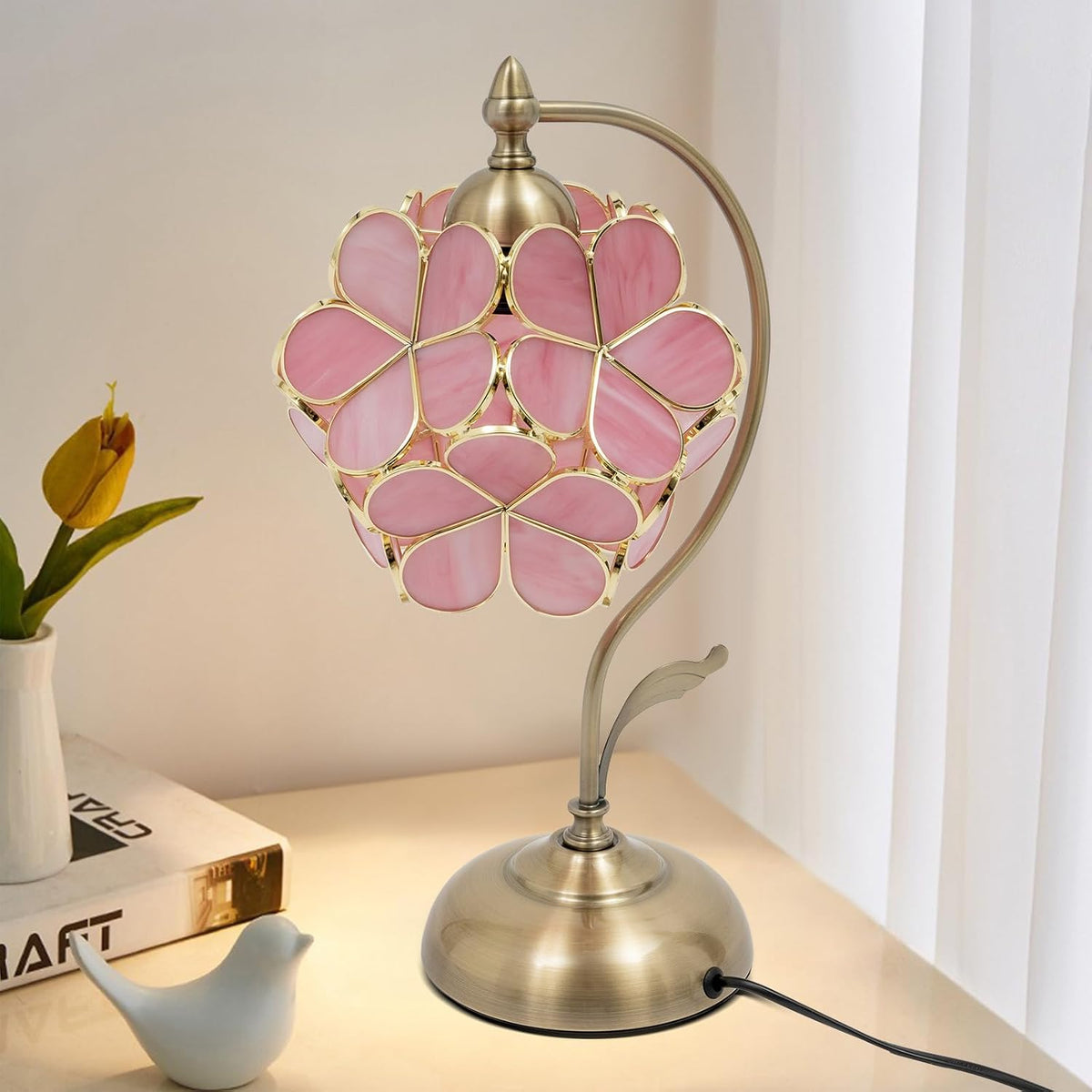 60 W Floral Shape Desk Light,17.3in Cherry Blossom Style Pink Glass Petal Antique Desk Lamp -Tiffany Flower Lampshade, Small Nightstand Lamp for Bedroom Living Room Home Decoration.