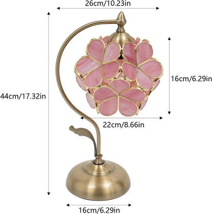 60 W Floral Shape Desk Light,17.3in Cherry Blossom Style Pink Glass Petal Antique Desk Lamp -Tiffany Flower Lampshade, Small Nightstand Lamp for Bedroom Living Room Home Decoration.