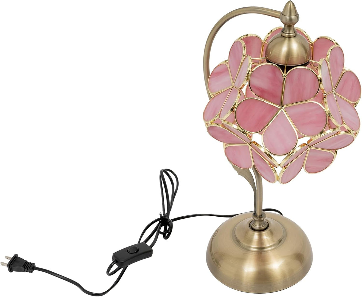 60 W Floral Shape Desk Light,17.3in Cherry Blossom Style Pink Glass Petal Antique Desk Lamp -Tiffany Flower Lampshade, Small Nightstand Lamp for Bedroom Living Room Home Decoration.