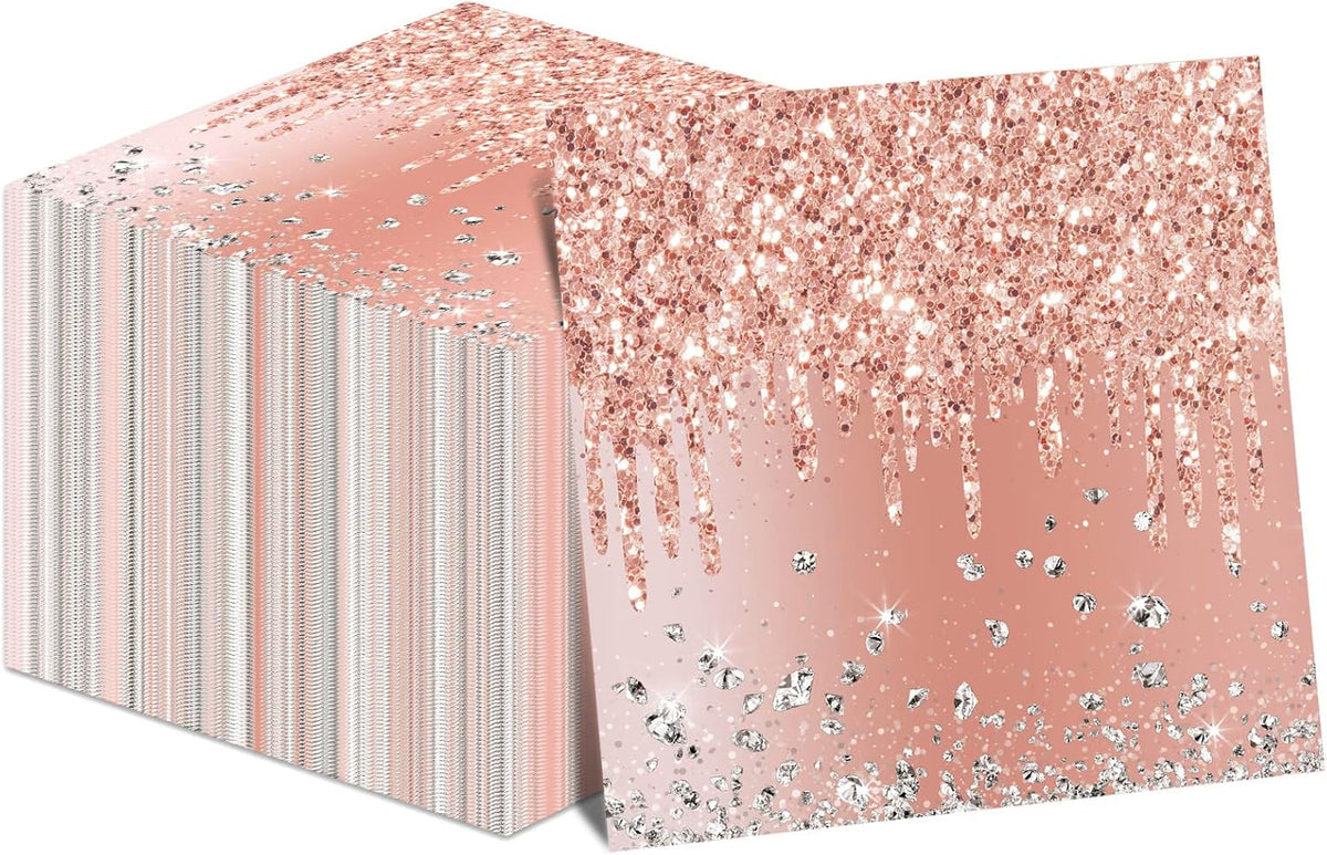 50 Pieces Rose Gold Birthday Napkins Pink Birthday Party Decorations Supplies Pink Rose Gold Paper Disposable Dessert Napkin for Girls Women Diamond Theme Party Anniversary Wedding Favors