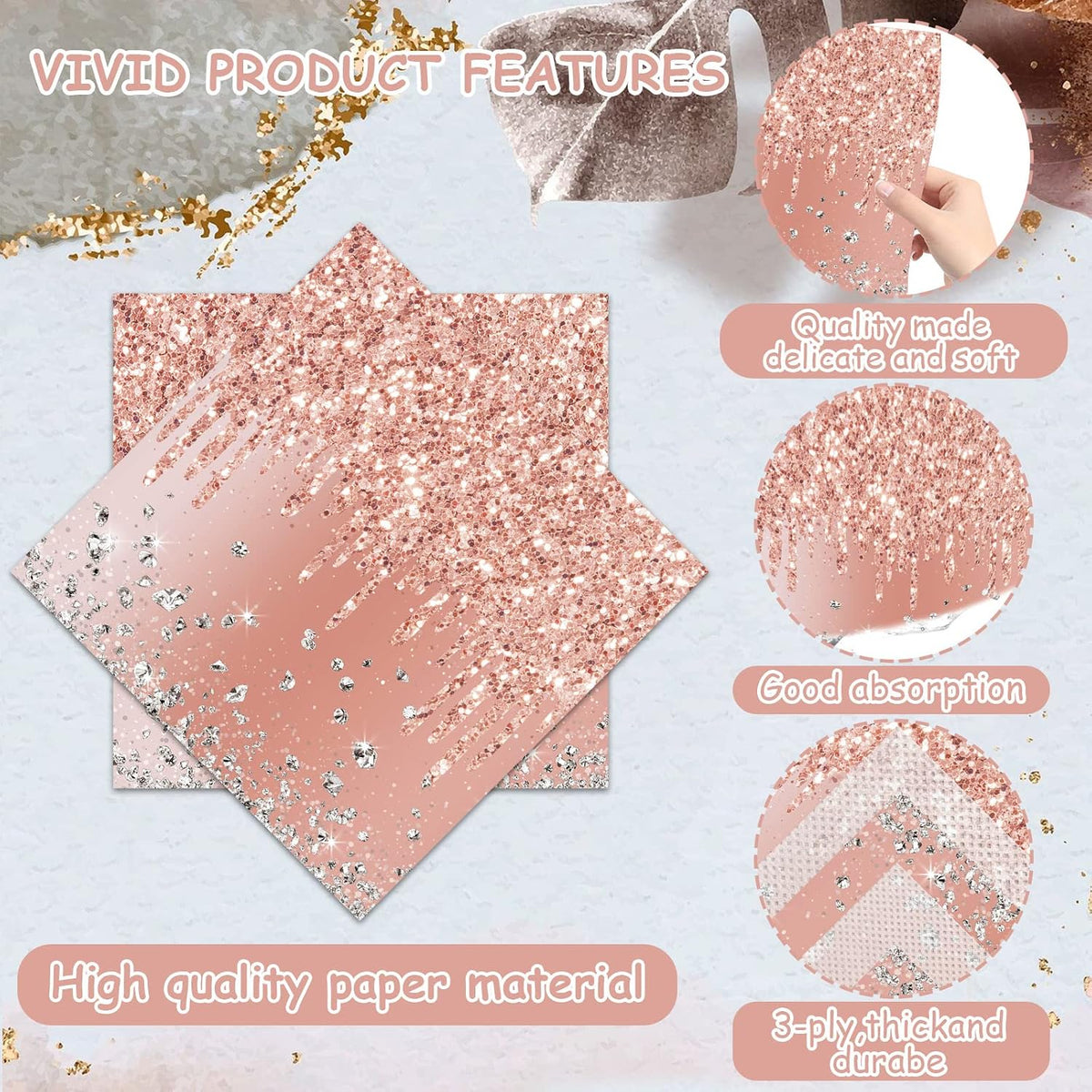 50 Pieces Rose Gold Birthday Napkins Pink Birthday Party Decorations Supplies Pink Rose Gold Paper Disposable Dessert Napkin for Girls Women Diamond Theme Party Anniversary Wedding Favors