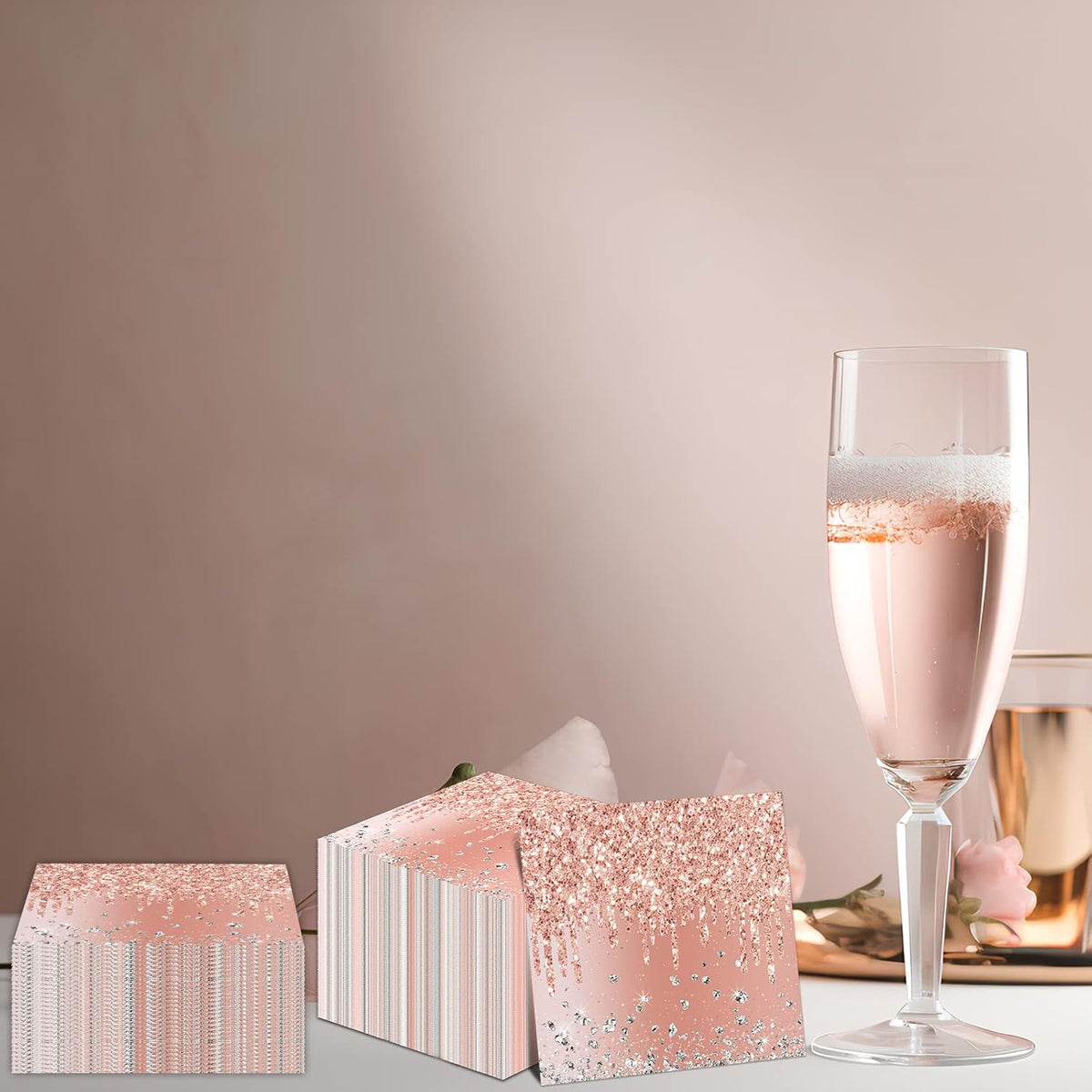 50 Pieces Rose Gold Birthday Napkins Pink Birthday Party Decorations Supplies Pink Rose Gold Paper Disposable Dessert Napkin for Girls Women Diamond Theme Party Anniversary Wedding Favors