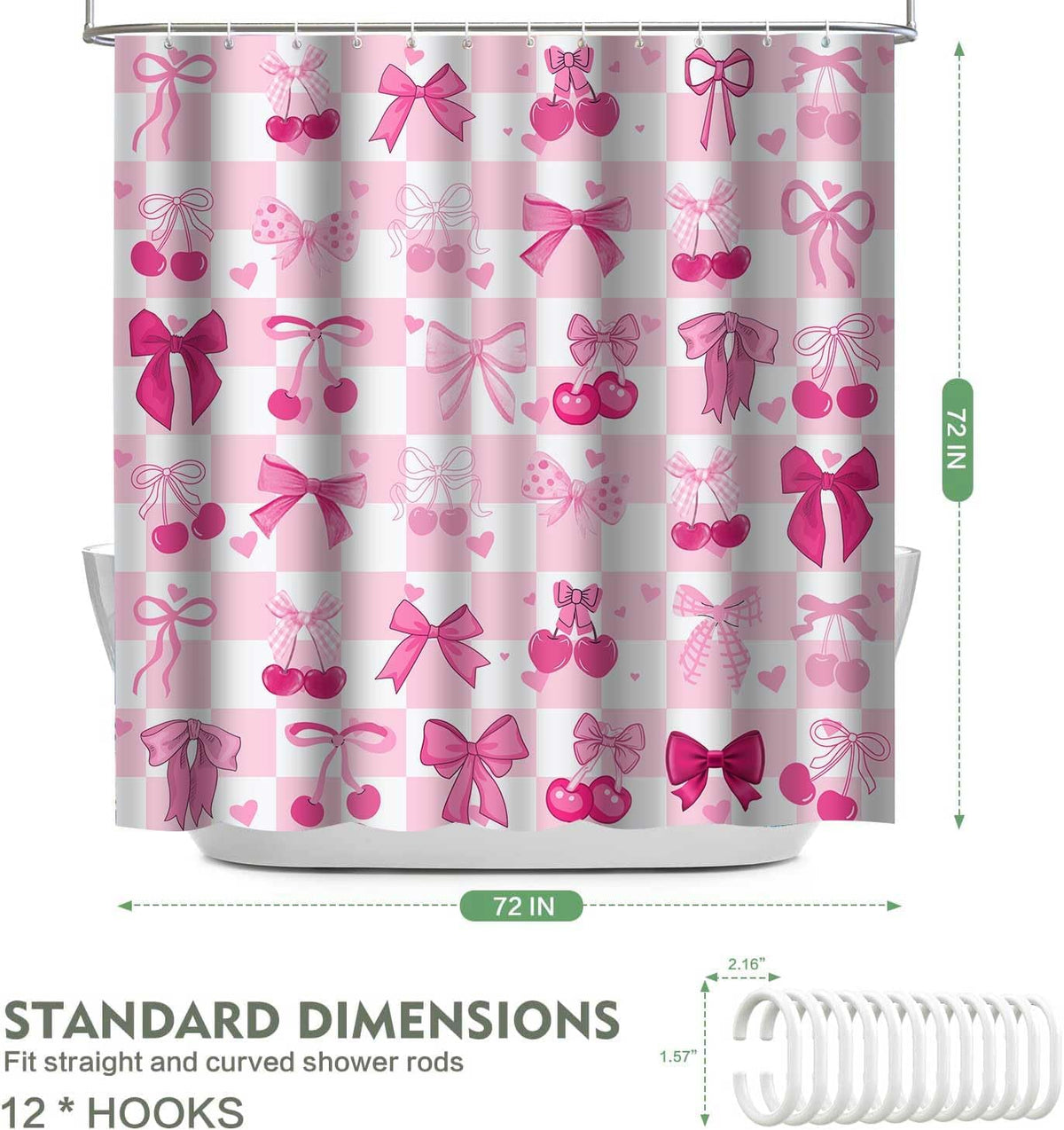 Pink Bow Shower Curtain, 72x72inch, Polyester
