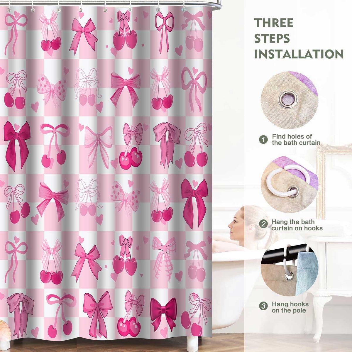 Pink Bow Shower Curtain, 72x72inch, Polyester