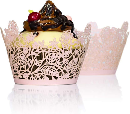 60pcs Pink Rose Lace Cupcake Wrappers Holders, Laser Cut Cupcake Liners Decorative Liners for Wedding Party Birthday Cake Decoration Supplies