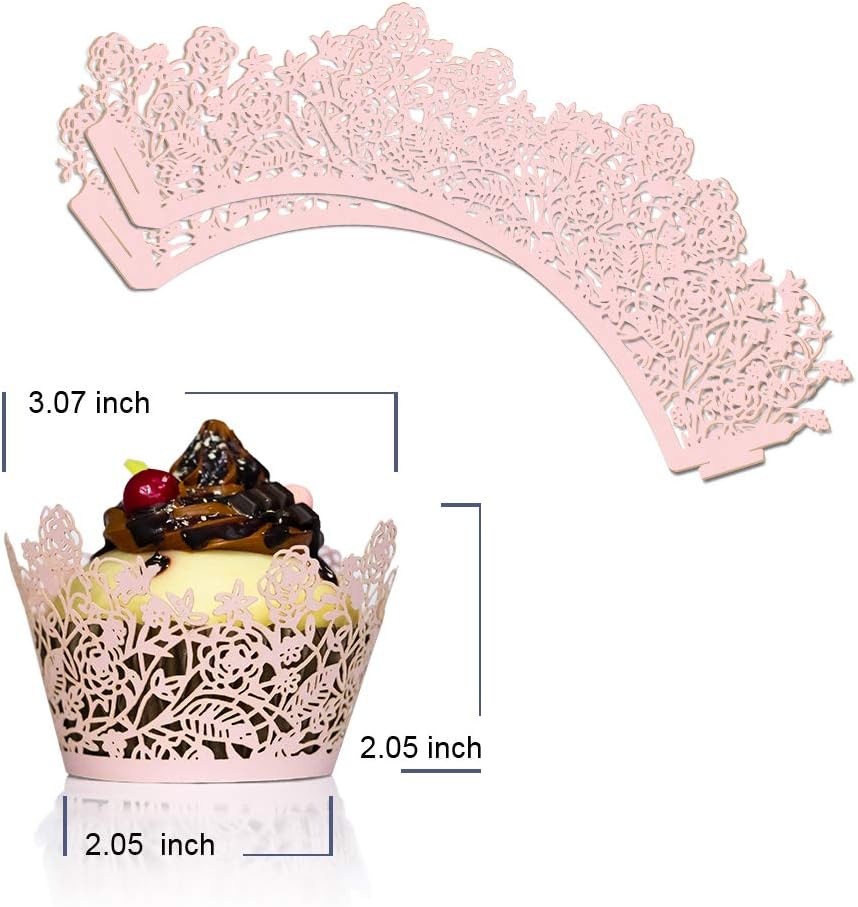60pcs Pink Rose Lace Cupcake Wrappers Holders, Laser Cut Cupcake Liners Decorative Liners for Wedding Party Birthday Cake Decoration Supplies