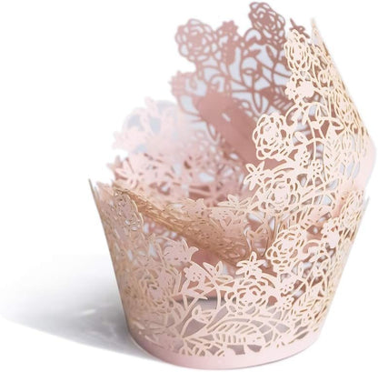 60pcs Pink Rose Lace Cupcake Wrappers Holders, Laser Cut Cupcake Liners Decorative Liners for Wedding Party Birthday Cake Decoration Supplies