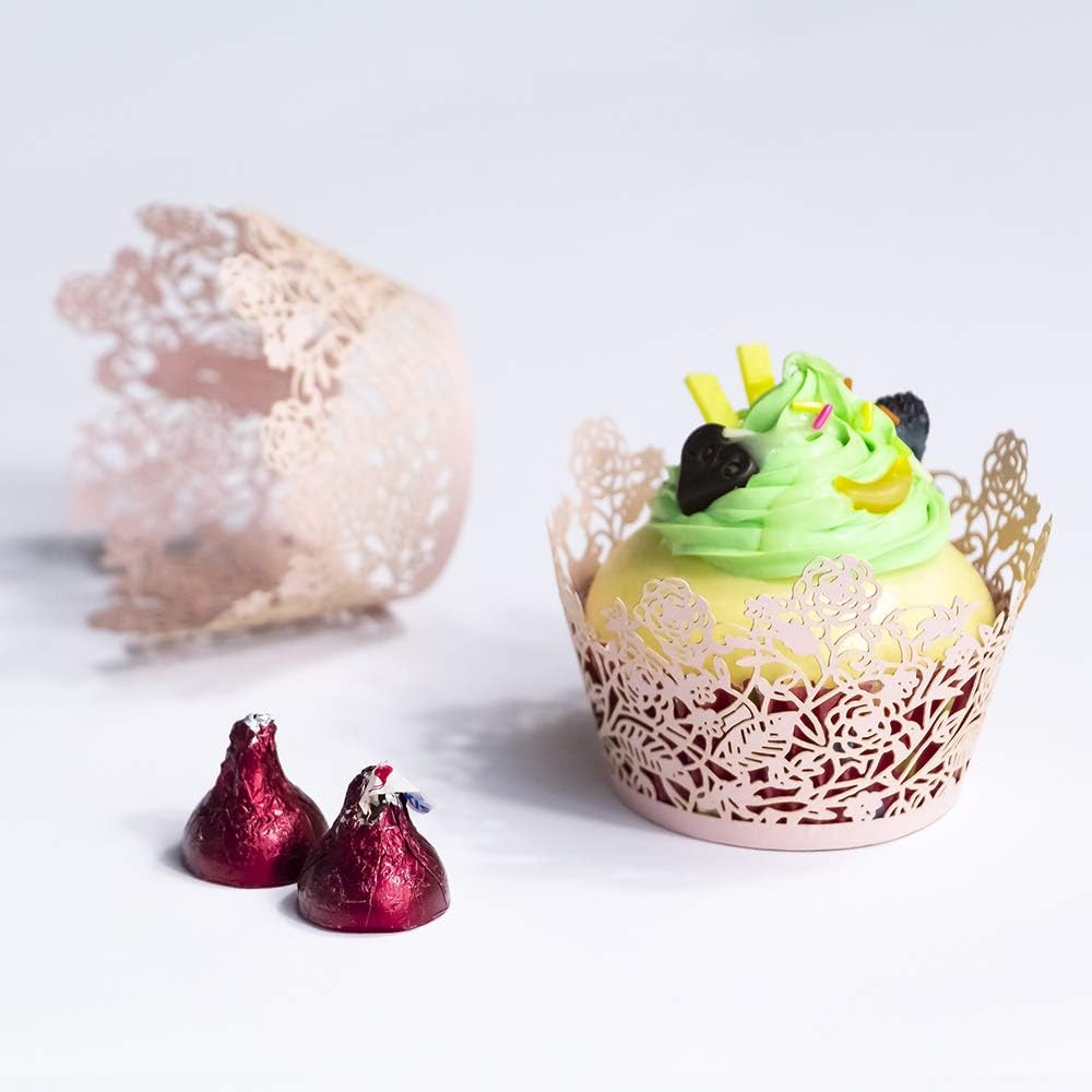 60pcs Pink Rose Lace Cupcake Wrappers Holders, Laser Cut Cupcake Liners Decorative Liners for Wedding Party Birthday Cake Decoration Supplies