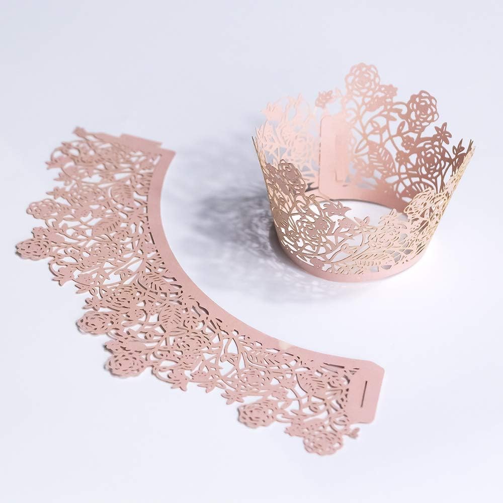 60pcs Pink Rose Lace Cupcake Wrappers Holders, Laser Cut Cupcake Liners Decorative Liners for Wedding Party Birthday Cake Decoration Supplies