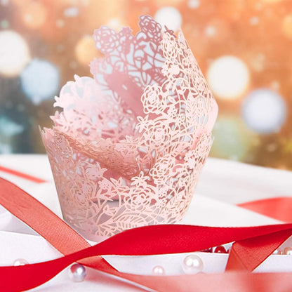 60pcs Pink Rose Lace Cupcake Wrappers Holders, Laser Cut Cupcake Liners Decorative Liners for Wedding Party Birthday Cake Decoration Supplies