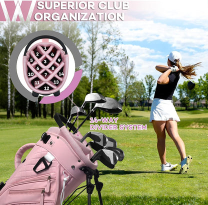 Luxury Womens Golf Bag, PU Leather Golf Stand Bag for Women/Ladies, 14-Way Full-Length Top Dividers, Ultra Lightweight, Large Pockets for Accessories