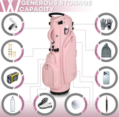 Luxury Womens Golf Bag, PU Leather Golf Stand Bag for Women/Ladies, 14-Way Full-Length Top Dividers, Ultra Lightweight, Large Pockets for Accessories