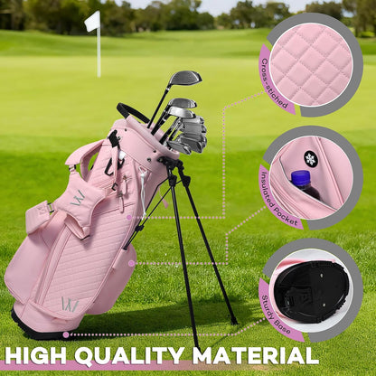 Luxury Womens Golf Bag, PU Leather Golf Stand Bag for Women/Ladies, 14-Way Full-Length Top Dividers, Ultra Lightweight, Large Pockets for Accessories