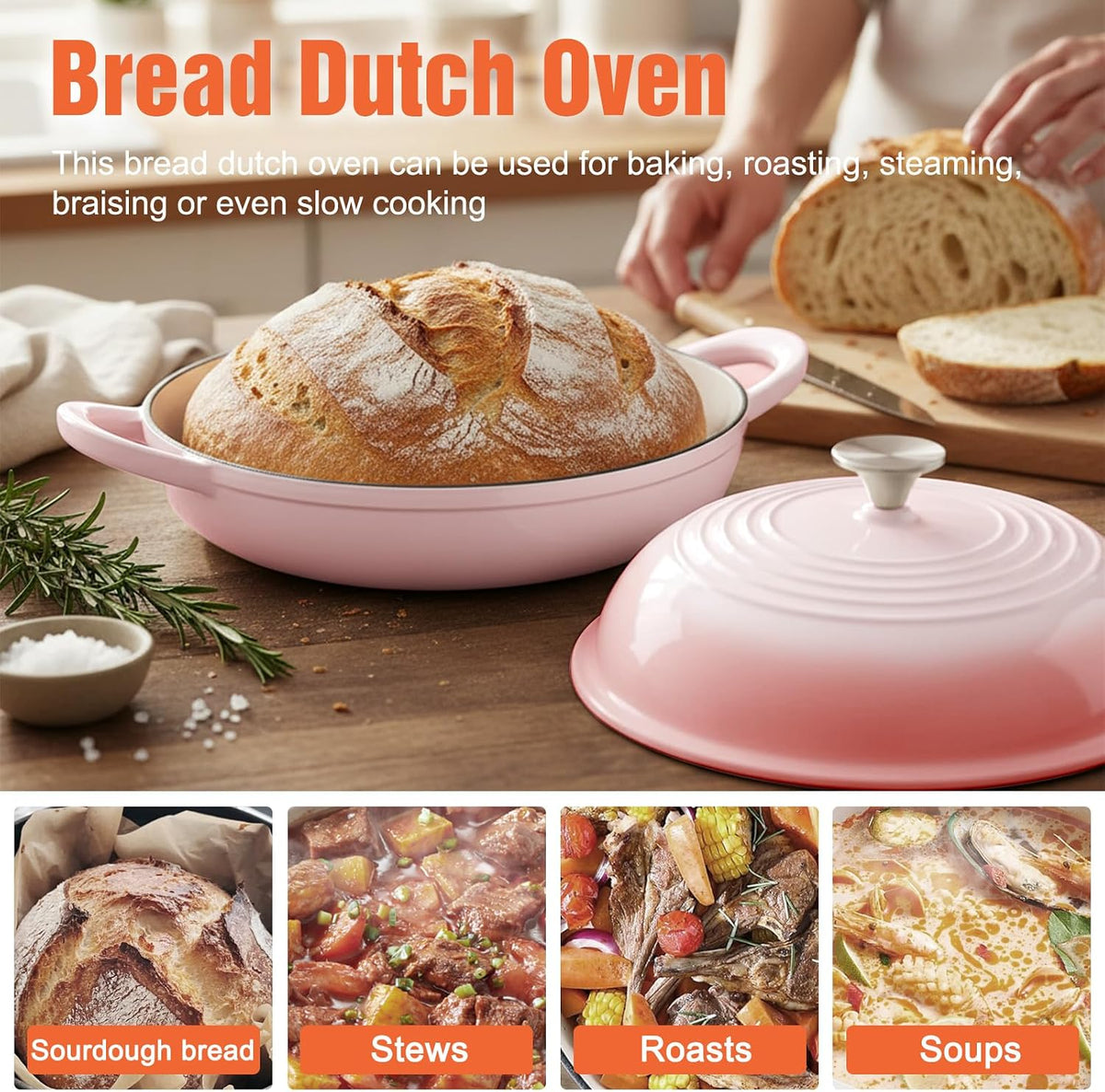 6QT Enameled Cast Iron Round Bread Oven, Sourdough Dutch Oven, Pink