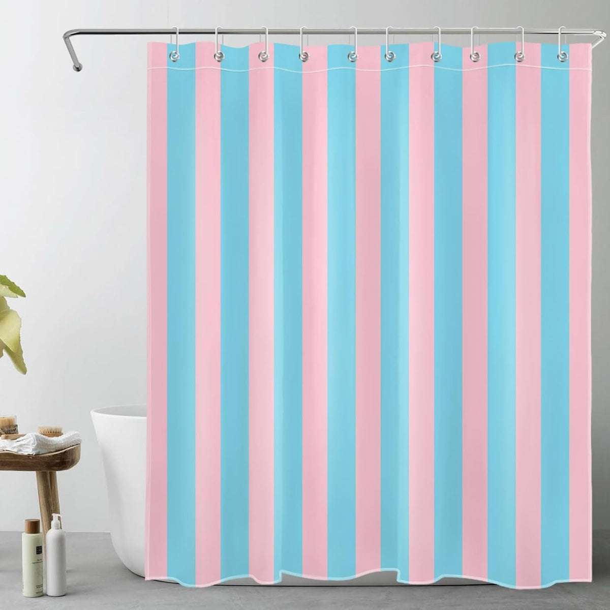 Pink and Blue Striped Shower Curtain with 10 Hooks Cute Pastel Stripe Simple Girly Bathroom Curtains,Minimalist Washable Waterproof Fabric Bath Curtain Decor,60x72 Inch