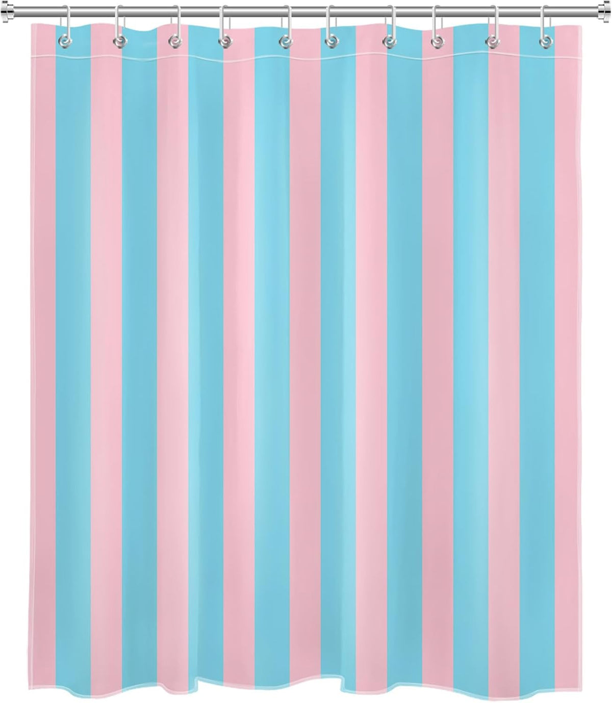 Pink and Blue Striped Shower Curtain with 10 Hooks Cute Pastel Stripe Simple Girly Bathroom Curtains,Minimalist Washable Waterproof Fabric Bath Curtain Decor,60x72 Inch