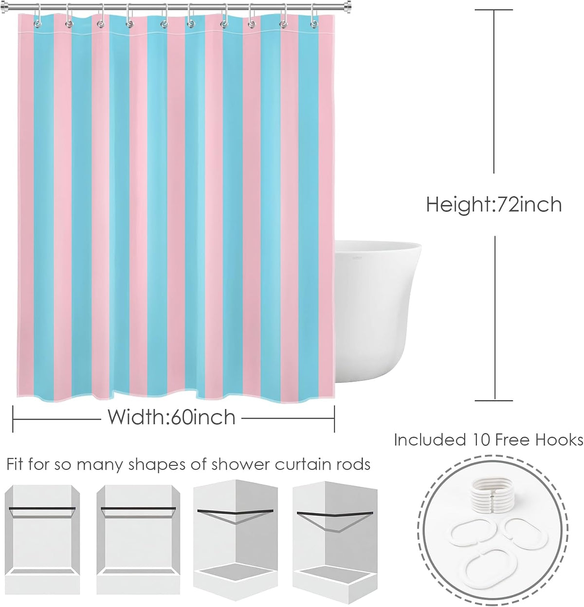 Pink and Blue Striped Shower Curtain with 10 Hooks Cute Pastel Stripe Simple Girly Bathroom Curtains,Minimalist Washable Waterproof Fabric Bath Curtain Decor,60x72 Inch
