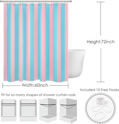 Pink and Blue Striped Shower Curtain with 10 Hooks Cute Pastel Stripe Simple Girly Bathroom Curtains,Minimalist Washable Waterproof Fabric Bath Curtain Decor,60x72 Inch