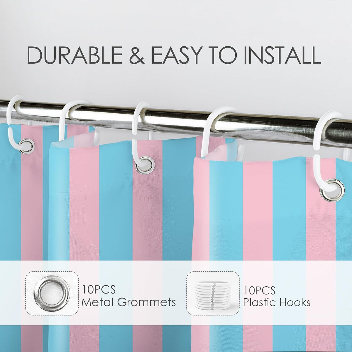 Pink and Blue Striped Shower Curtain with 10 Hooks Cute Pastel Stripe Simple Girly Bathroom Curtains,Minimalist Washable Waterproof Fabric Bath Curtain Decor,60x72 Inch