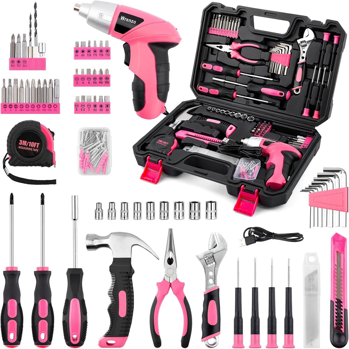 151PCS Pink Drill Set, 3.6V USB Cordless Drill & Home Tool Kit