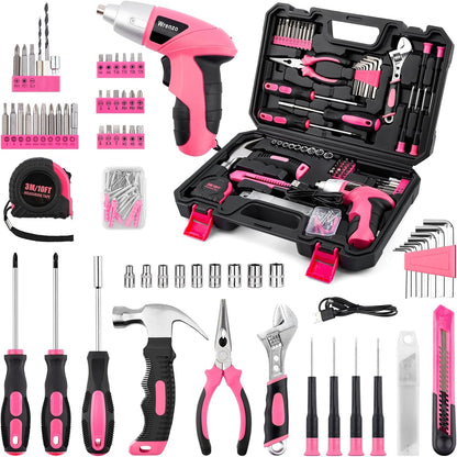 151PCS Pink Drill Set, 3.6V USB Cordless Drill & Home Tool Kit
