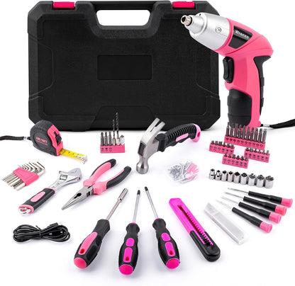 151PCS Pink Drill Set, 3.6V USB Cordless Drill & Home Tool Kit
