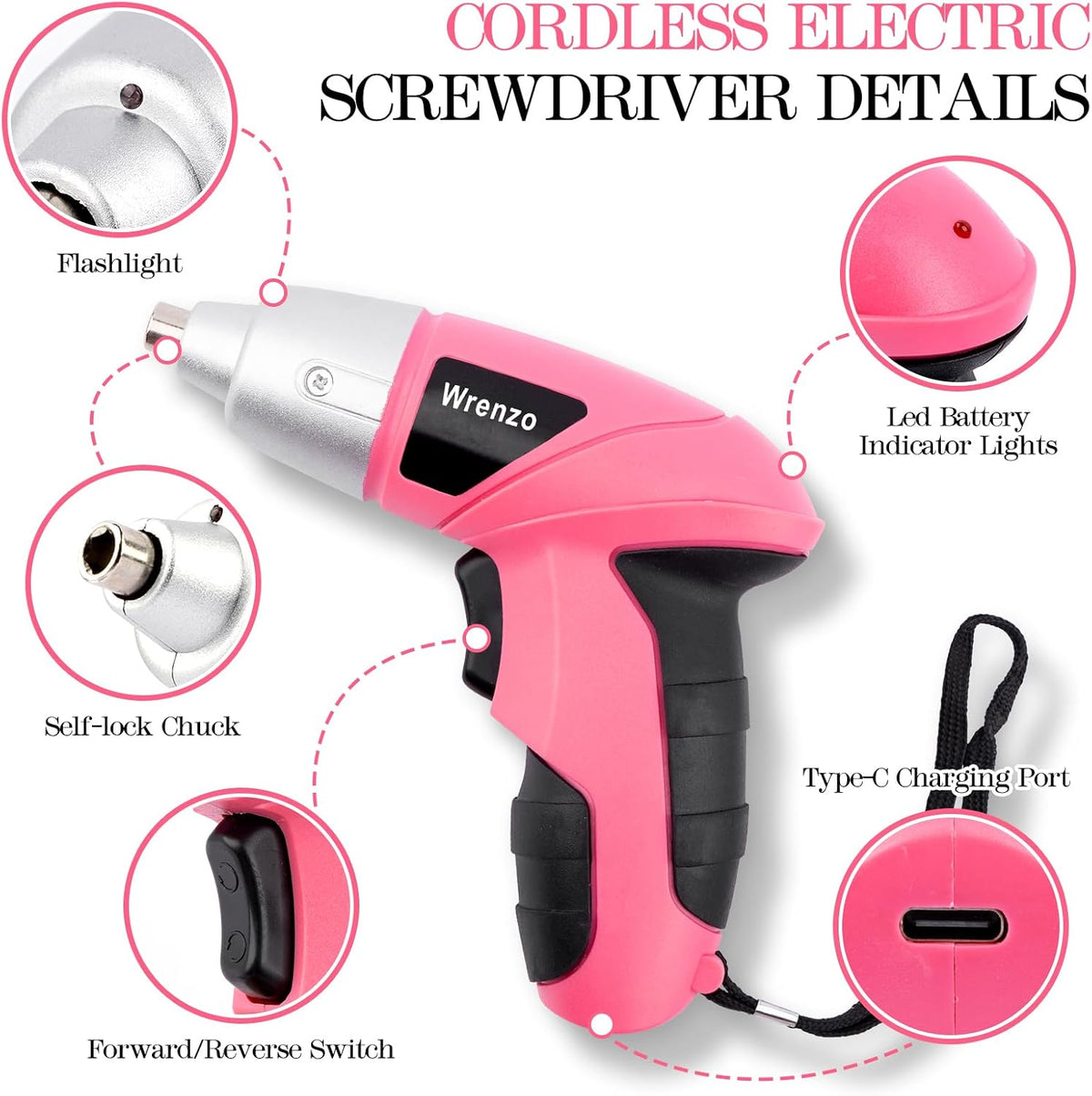 151PCS Pink Drill Set, 3.6V USB Cordless Drill & Home Tool Kit
