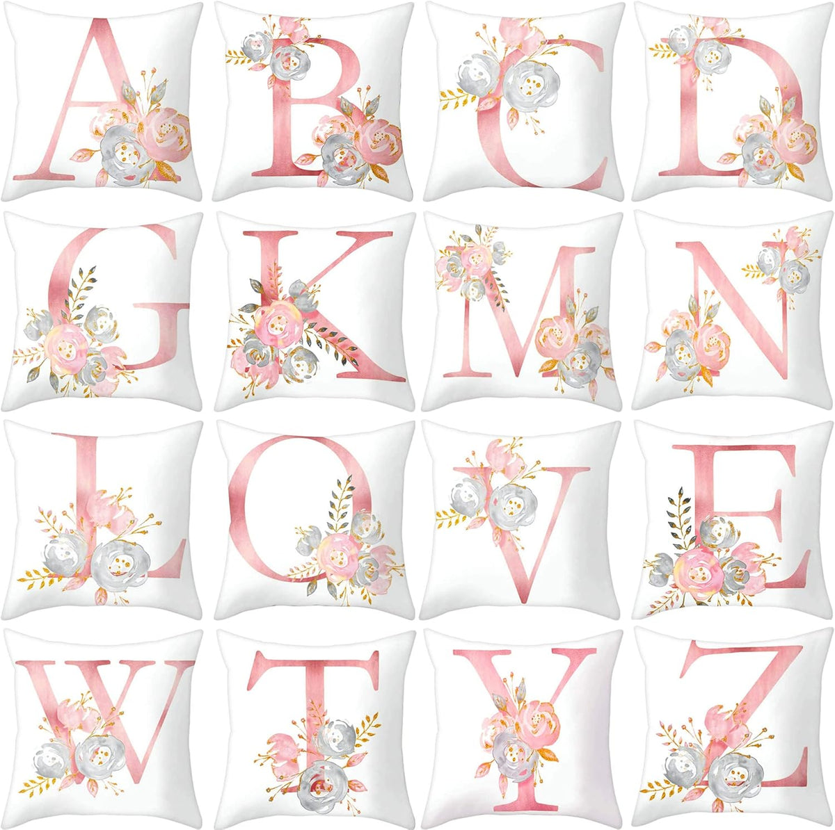 Throw Pillow Covers Alphabet Decorative Pillow Cases ABC Letter Flowers Cushion Covers 18 x 18 Inch Square Pillow Protectors for Sofa Couch Bedroom Car Chair Home Decor (A)
