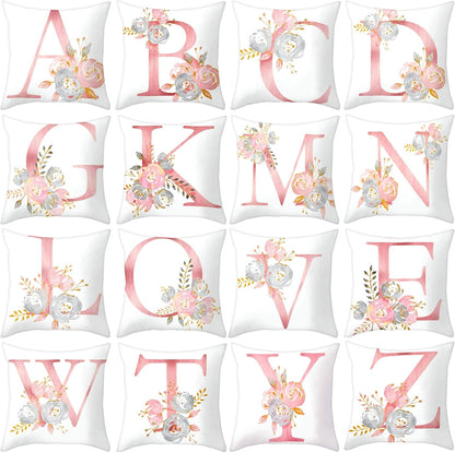 Throw Pillow Covers Alphabet Decorative Pillow Cases ABC Letter Flowers Cushion Covers 18 x 18 Inch Square Pillow Protectors for Sofa Couch Bedroom Car Chair Home Decor (A)