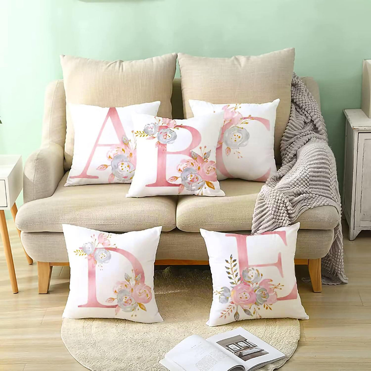 Throw Pillow Covers Alphabet Decorative Pillow Cases ABC Letter Flowers Cushion Covers 18 x 18 Inch Square Pillow Protectors for Sofa Couch Bedroom Car Chair Home Decor (A)