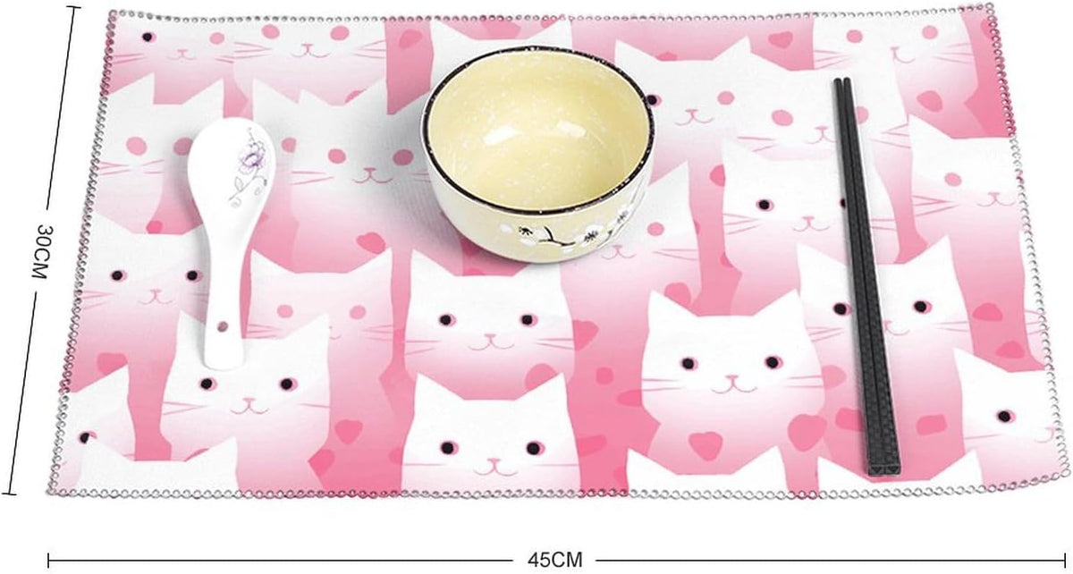 Peach Cat Pattern Placemats Set of 4 - Non-Slip Heat Resistant Place Mats Farmhouse Rustic Table Mats Reusable Hard Canvas Placemat for Dining, Kitchen, Party Indoor/Outdoor Decoration