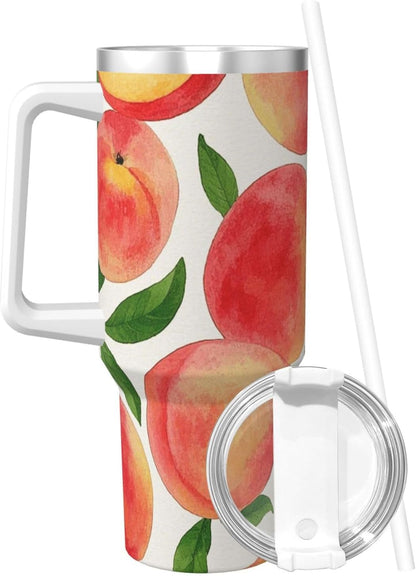 Watercolor Peach 40 Oz Tumbler With Handle And Straw Stainless Steel Insulated Travel Tumblers Leakproof Travel Coffee Mug Coffe Cup Drink Tumbler Cups Gifts For Women Men Lovers