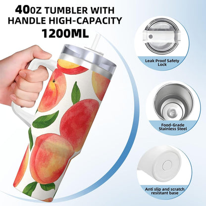Watercolor Peach 40 Oz Tumbler With Handle And Straw Stainless Steel Insulated Travel Tumblers Leakproof Travel Coffee Mug Coffe Cup Drink Tumbler Cups Gifts For Women Men Lovers