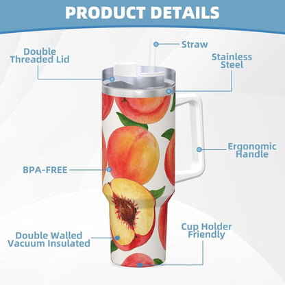 Watercolor Peach 40 Oz Tumbler With Handle And Straw Stainless Steel Insulated Travel Tumblers Leakproof Travel Coffee Mug Coffe Cup Drink Tumbler Cups Gifts For Women Men Lovers