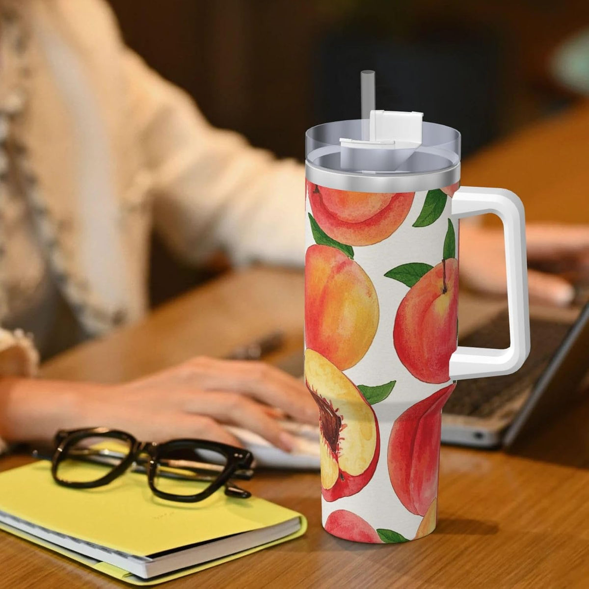Watercolor Peach 40 Oz Tumbler With Handle And Straw Stainless Steel Insulated Travel Tumblers Leakproof Travel Coffee Mug Coffe Cup Drink Tumbler Cups Gifts For Women Men Lovers