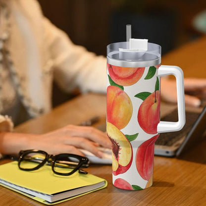 Watercolor Peach 40 Oz Tumbler With Handle And Straw Stainless Steel Insulated Travel Tumblers Leakproof Travel Coffee Mug Coffe Cup Drink Tumbler Cups Gifts For Women Men Lovers