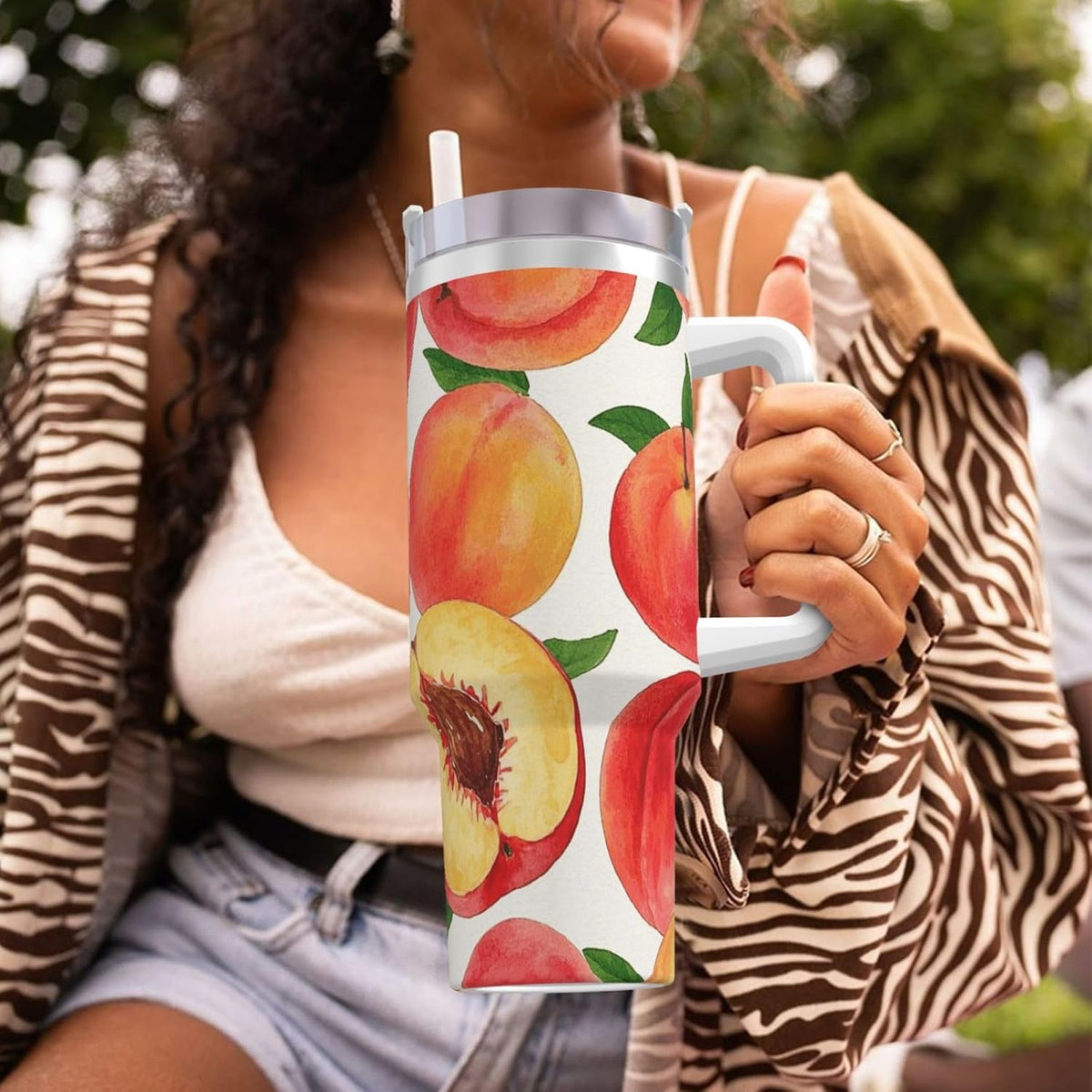 Watercolor Peach 40 Oz Tumbler With Handle And Straw Stainless Steel Insulated Travel Tumblers Leakproof Travel Coffee Mug Coffe Cup Drink Tumbler Cups Gifts For Women Men Lovers