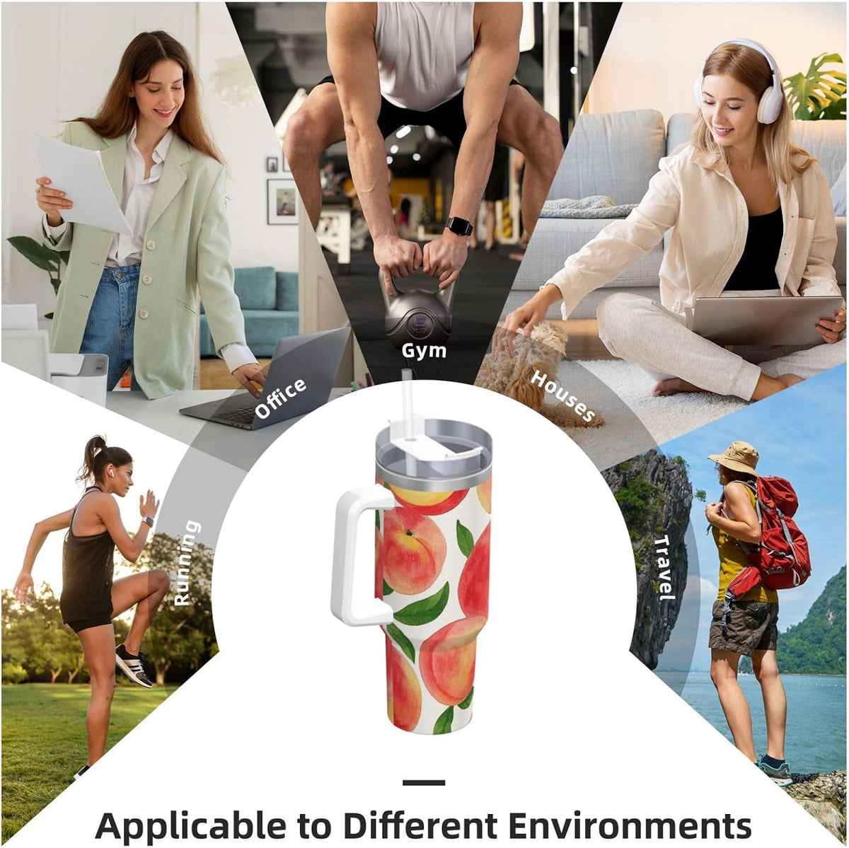 Watercolor Peach 40 Oz Tumbler With Handle And Straw Stainless Steel Insulated Travel Tumblers Leakproof Travel Coffee Mug Coffe Cup Drink Tumbler Cups Gifts For Women Men Lovers