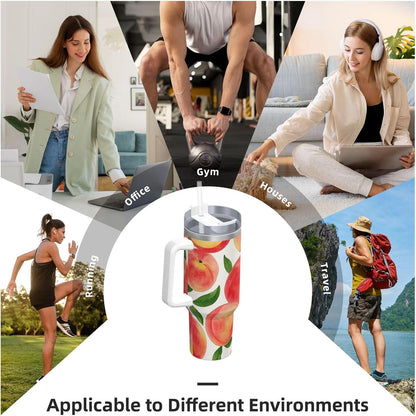 Watercolor Peach 40 Oz Tumbler With Handle And Straw Stainless Steel Insulated Travel Tumblers Leakproof Travel Coffee Mug Coffe Cup Drink Tumbler Cups Gifts For Women Men Lovers