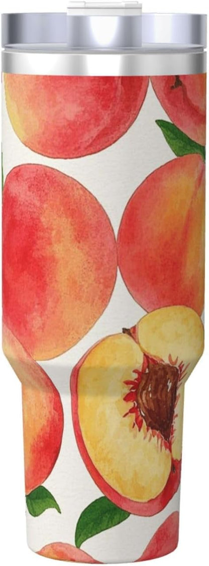 Watercolor Peach 40 Oz Tumbler With Handle And Straw Stainless Steel Insulated Travel Tumblers Leakproof Travel Coffee Mug Coffe Cup Drink Tumbler Cups Gifts For Women Men Lovers