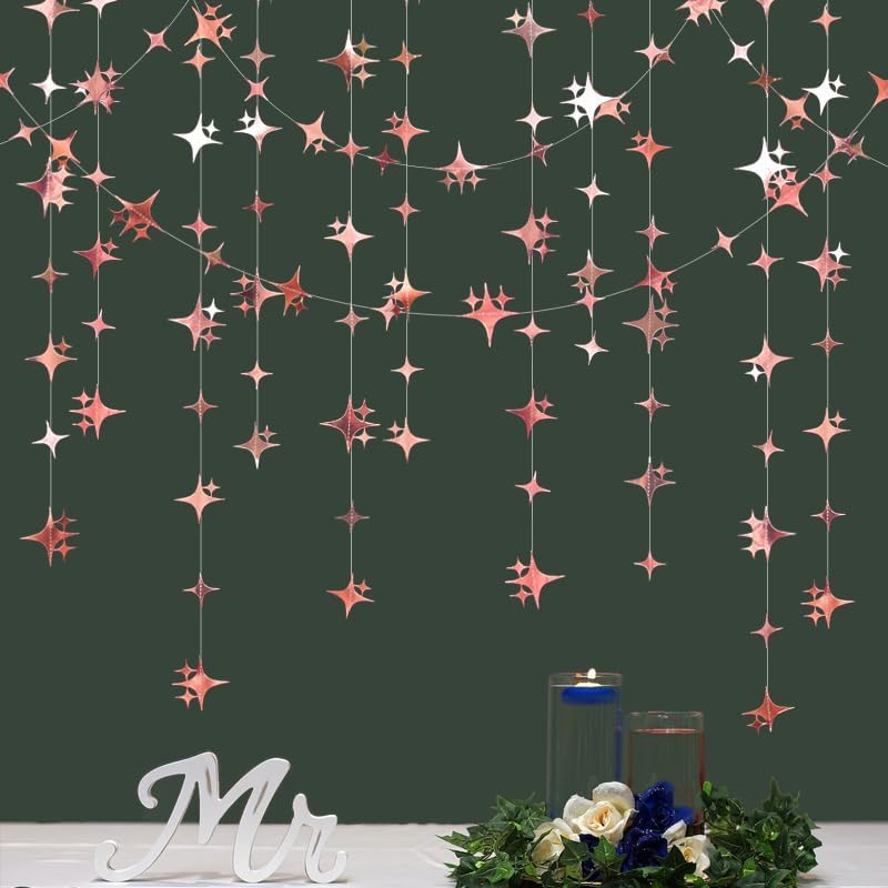 Glitter Rose Gold Four-Angle Star Paper Garland Banner Décor 40 Feet Twinkle Rose Gold Star Hanging Bunting Banner Backdrop for Wedding Baby Shower Birthday Graduation Disco Party Decorations
