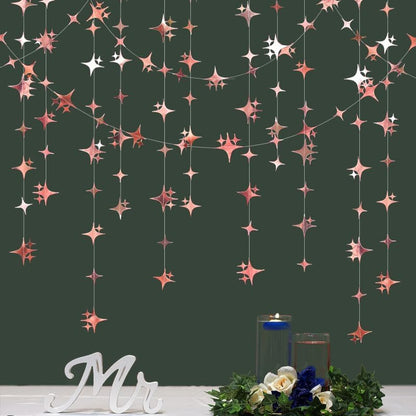 Glitter Rose Gold Four-Angle Star Paper Garland Banner Décor 40 Feet Twinkle Rose Gold Star Hanging Bunting Banner Backdrop for Wedding Baby Shower Birthday Graduation Disco Party Decorations