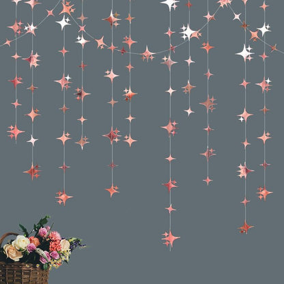 Glitter Rose Gold Four-Angle Star Paper Garland Banner Décor 40 Feet Twinkle Rose Gold Star Hanging Bunting Banner Backdrop for Wedding Baby Shower Birthday Graduation Disco Party Decorations