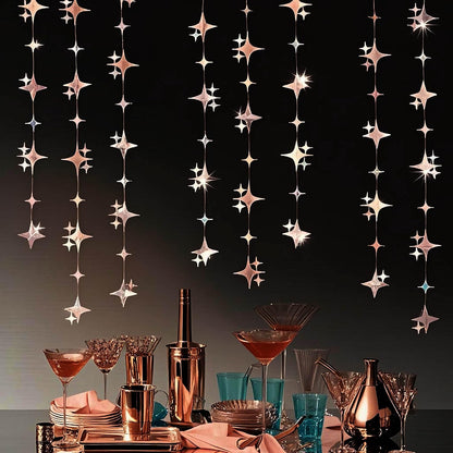 Glitter Rose Gold Four-Angle Star Paper Garland Banner Décor 40 Feet Twinkle Rose Gold Star Hanging Bunting Banner Backdrop for Wedding Baby Shower Birthday Graduation Disco Party Decorations