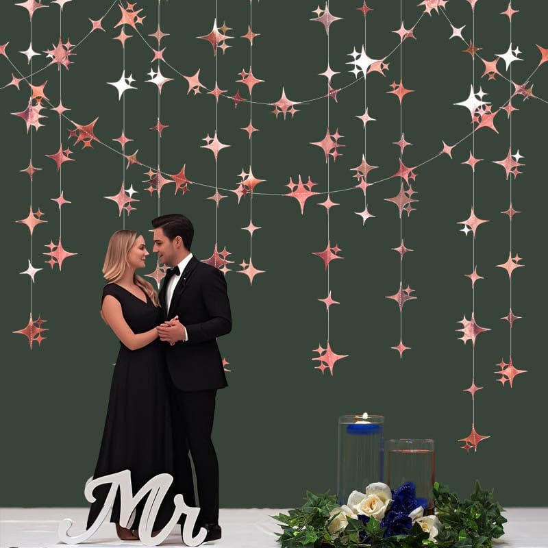 Glitter Rose Gold Four-Angle Star Paper Garland Banner Décor 40 Feet Twinkle Rose Gold Star Hanging Bunting Banner Backdrop for Wedding Baby Shower Birthday Graduation Disco Party Decorations