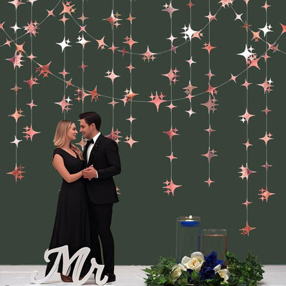 Glitter Rose Gold Four-Angle Star Paper Garland Banner Décor 40 Feet Twinkle Rose Gold Star Hanging Bunting Banner Backdrop for Wedding Baby Shower Birthday Graduation Disco Party Decorations
